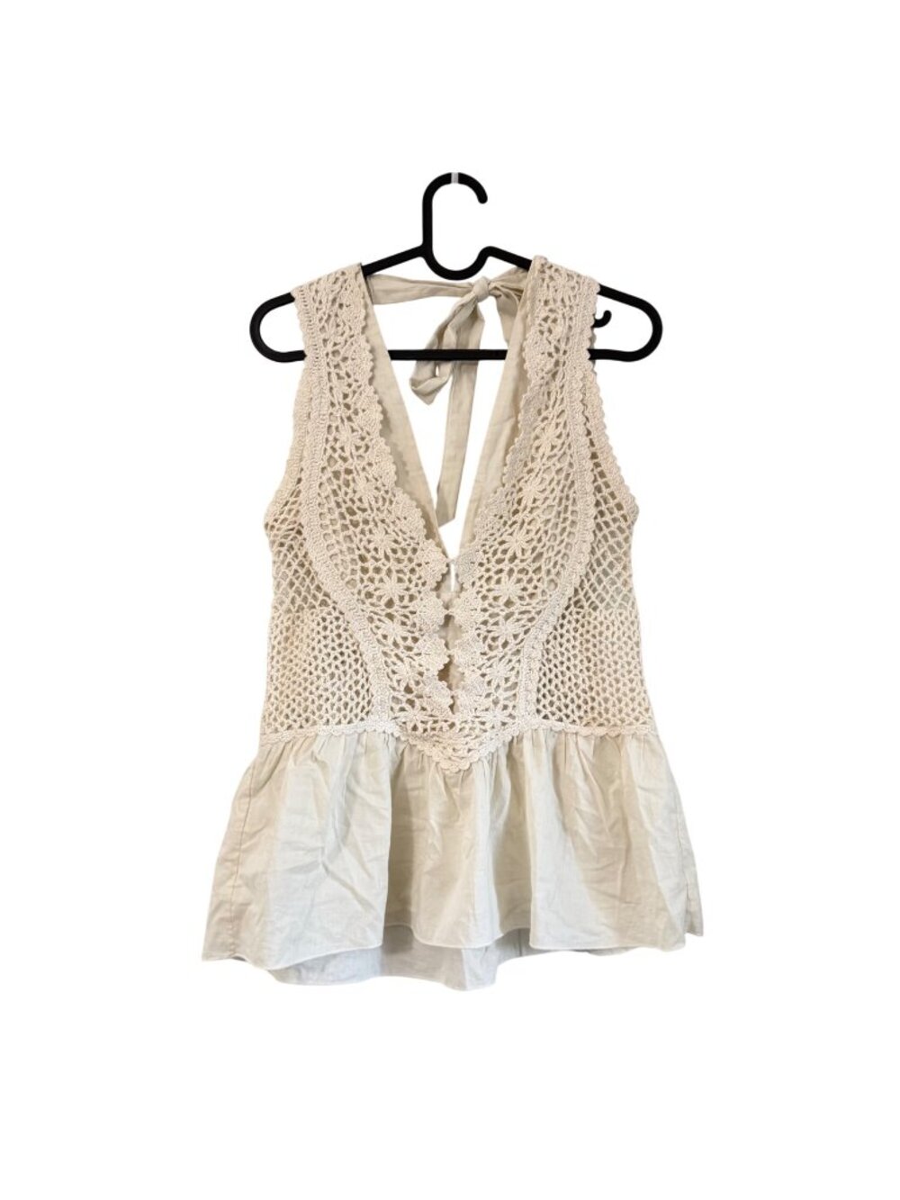 Anthropologie Luluvia Creme Crochet Peplum Tie Back Tank Top Womens Small